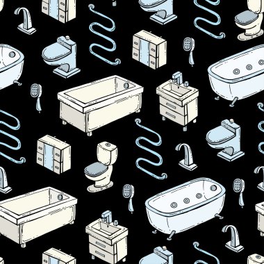 Siyah renk üzerinde el çizilmiş renkli banyo ekipmanları ile Vektör dikişsiz desen