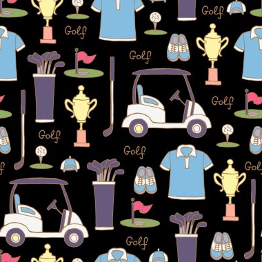 Siyah renk üzerinde golf elle çizilmiş renkli semboller ile Vektör dikişsiz desen