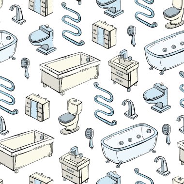 El çizilmiş renkli banyo ekipmanları ile vektör dikişsiz desen