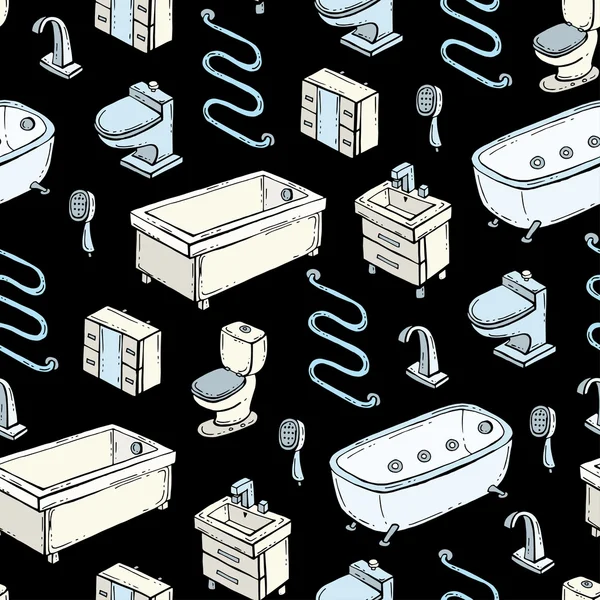 Siyah renk üzerinde el çizilmiş renkli banyo ekipmanları ile Vektör dikişsiz desen