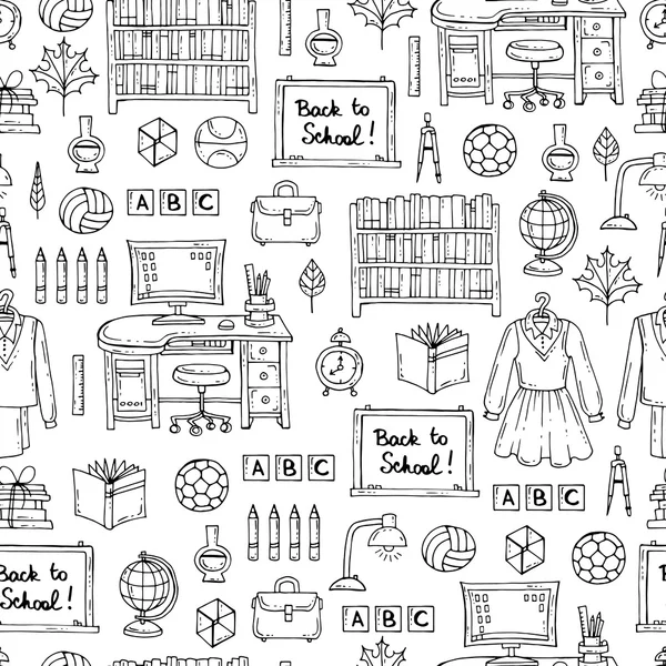 Vector seamless pattern with hand drawn symbols of school and university on white color