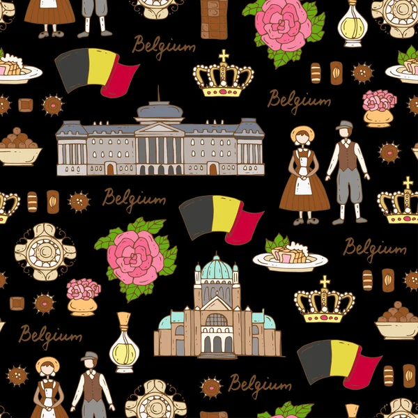Vektor nahtloses Muster mit handgezeichneten farbigen Symbolen Belgiens auf schwarzer Farbe — Stockvektor