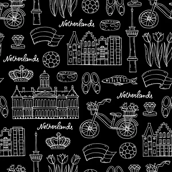 Vektor nahtloses Muster mit handgezeichneten Symbolen der Niederlande auf schwarzer Farbe — Stockvektor
