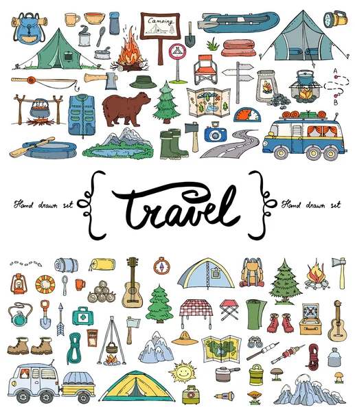 Turizm temitonlu elle çizilmiş renkli karalamalarla vektör seti