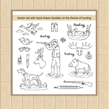 Vektör avcılık teması üzerinde elle çizilmiş izole doodle ile ayarlayın