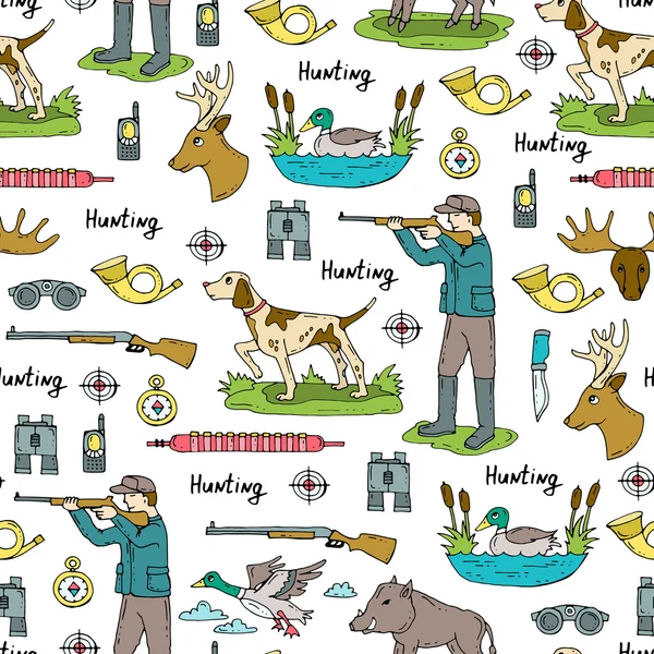 Vector seamless pattern with hand drawn colored symbols of hunting — Stock Vector