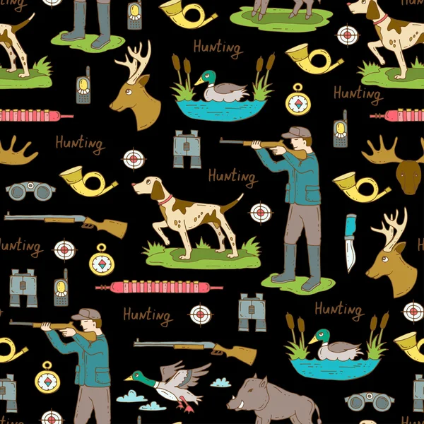 Vector seamless pattern with hand drawn colored symbols of hunting on black color — Stock Vector