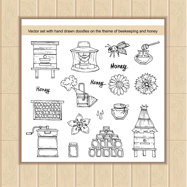 Vector set with hand drawn isolated doodles on the theme of beekeeping and honey — Stock Vector