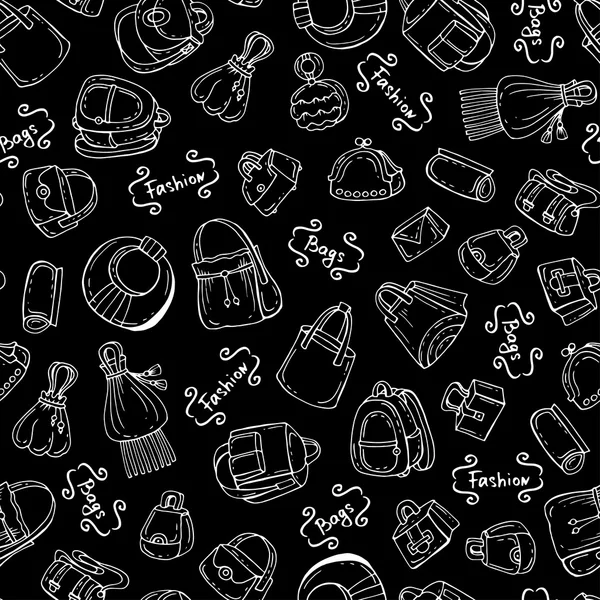 Vector seamless pattern with hand drawn isolated handbags for women on black color — Stock Vector