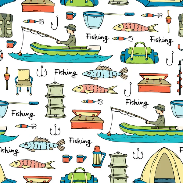 Vector seamless pattern with hand drawn colored symbols of fishing — Stock Vector