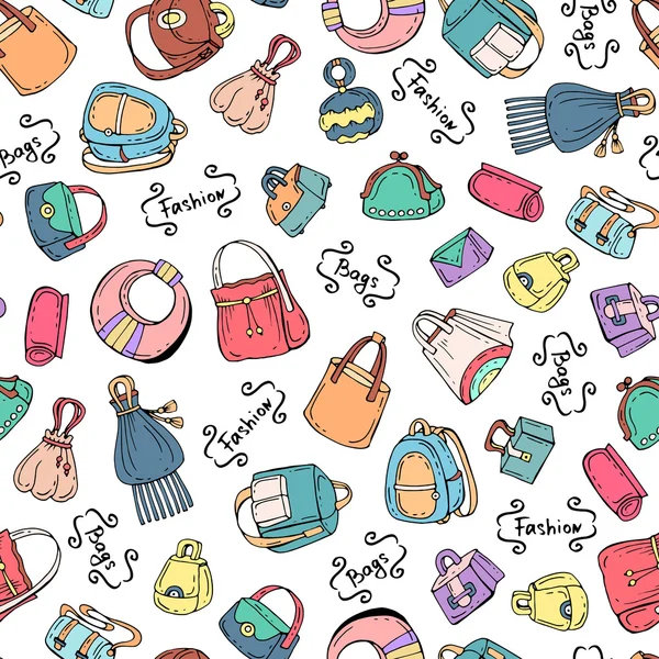 Vector seamless pattern with hand drawn colored handbags for women — Stock Vector