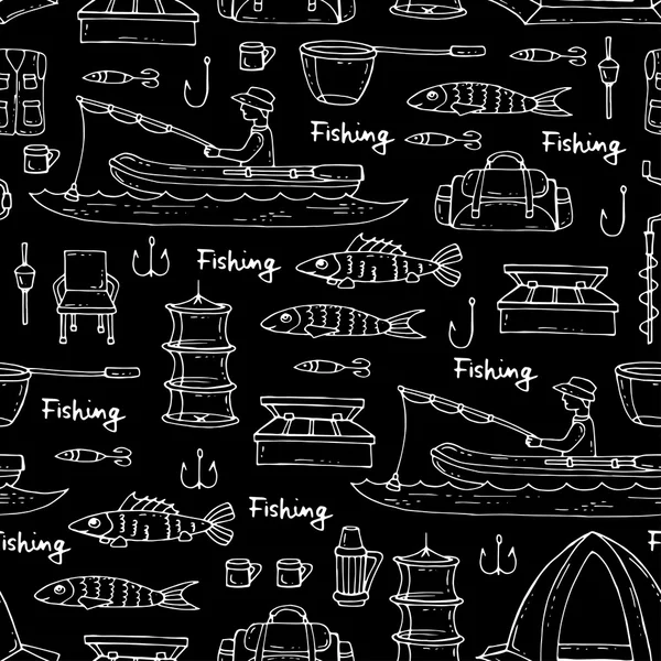 Vektor nahtlose Muster mit von Hand gezeichneten isolierten Symbolen der Fischerei auf schwarzer Farbe — Stockvektor