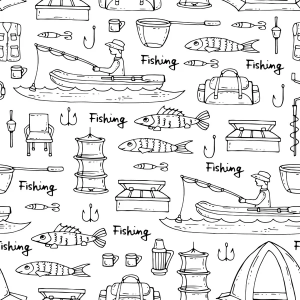 Vektor nahtlose Muster mit von Hand gezeichneten isolierten Symbolen der Fischerei auf weißer Farbe — Stockvektor