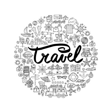 Seyahat el çizilmiş semboller ile Sevimli dekoratif kapak