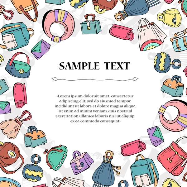 Söt dekorativa omslag med handritade färgade handväskor för kvinnor — Stock vektor