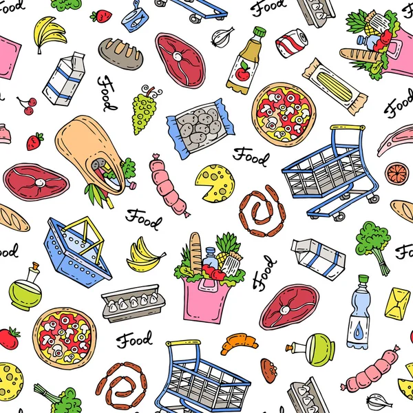 Patroon op het thema van voedsel-zuivelproducten, dranken, groenten, fruit, vleesproducten, worst, brood, pizza — Stockvector