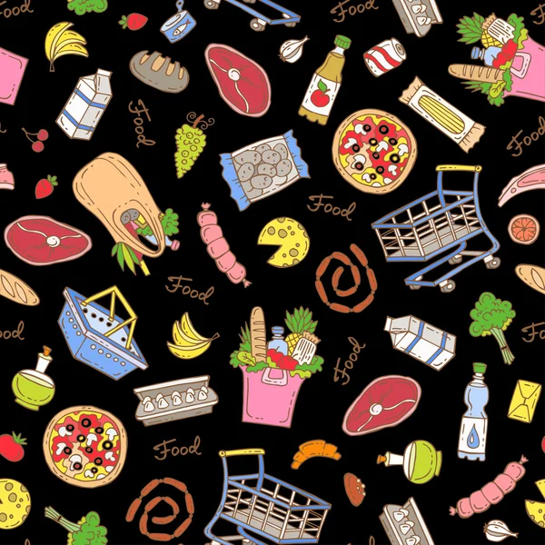 Pattern with dairy products, beverages, vegetables, fruits, meat products, sausages, bread, pizza on black color — Stock Vector
