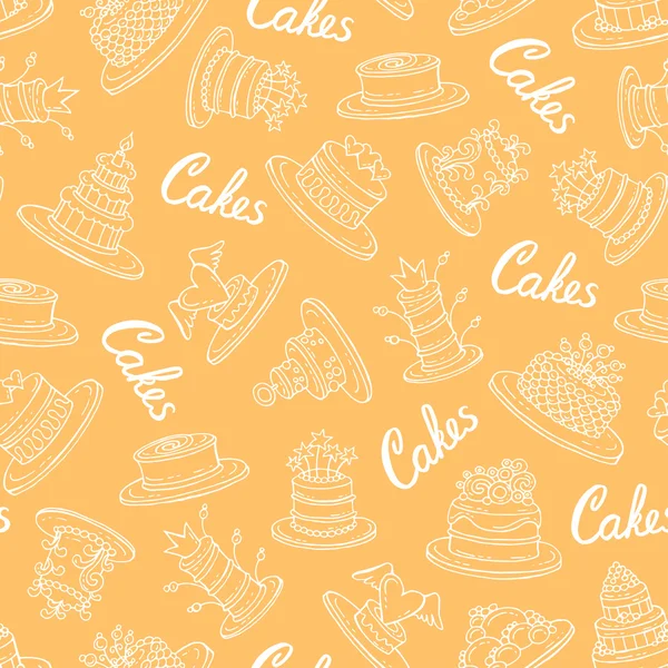 Modèle sans couture vectoriel avec des gâteaux isolés dessinés à la main sur la couleur jaune — Image vectorielle