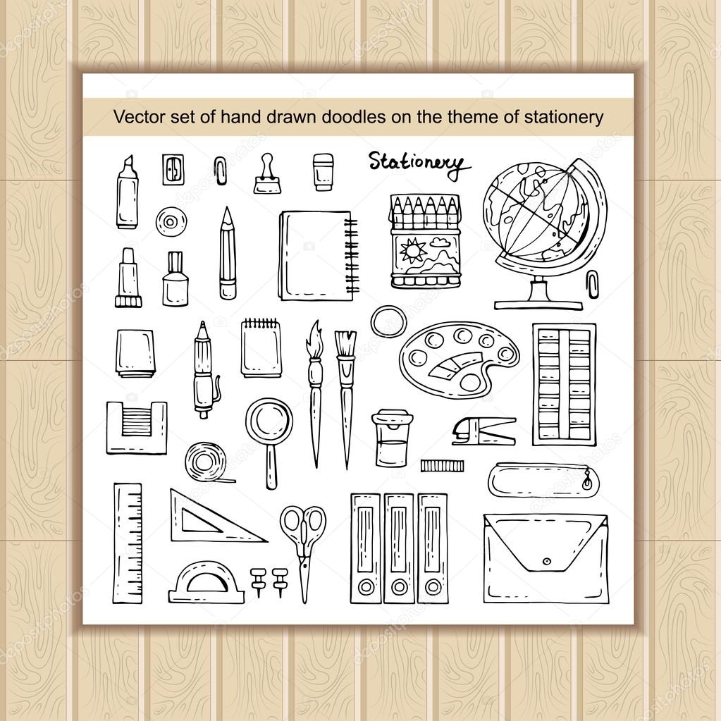 Vector set with hand drawn isolated doodles on the theme of stationery