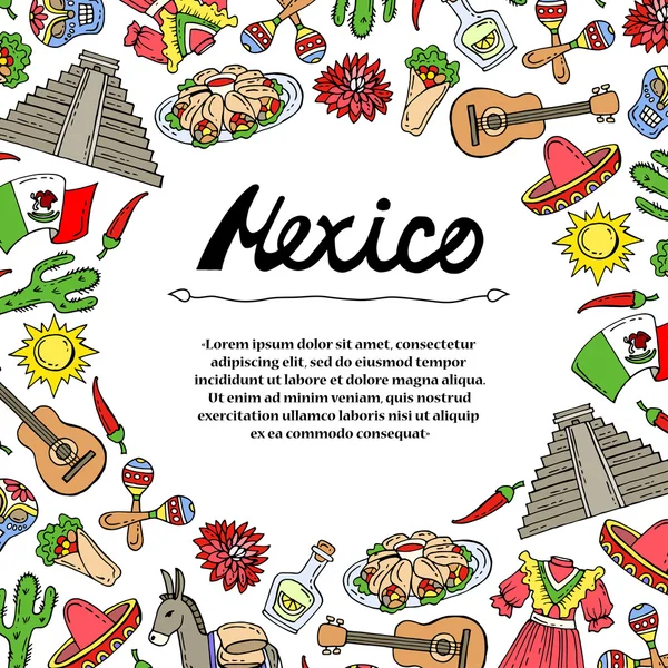 Leuke decoratieve cover met hand getekende gekleurde symbolen van Mexico — Stockvector