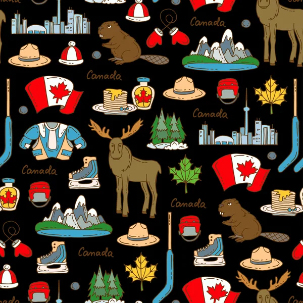 Vector seamless pattern on the theme of Canada. Pattern with colored symbols of Canada on black color — Stock Vector