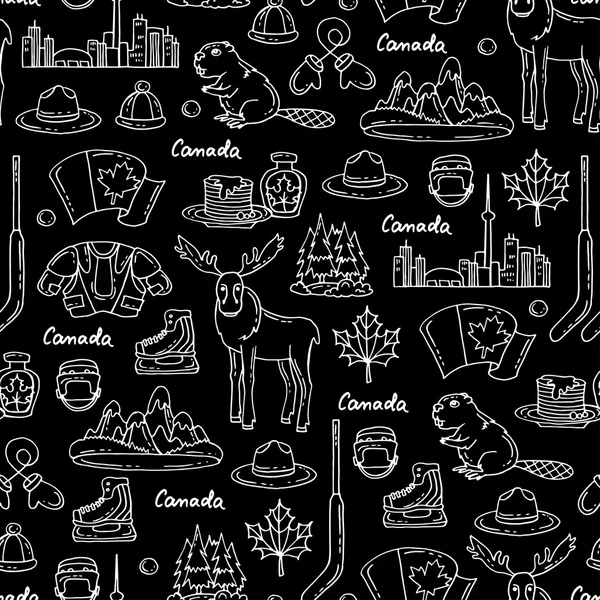 Patrón sin costura vectorial sobre el tema de Canadá. Patrón con símbolos de Canadá en color negro — Archivo Imágenes Vectoriales
