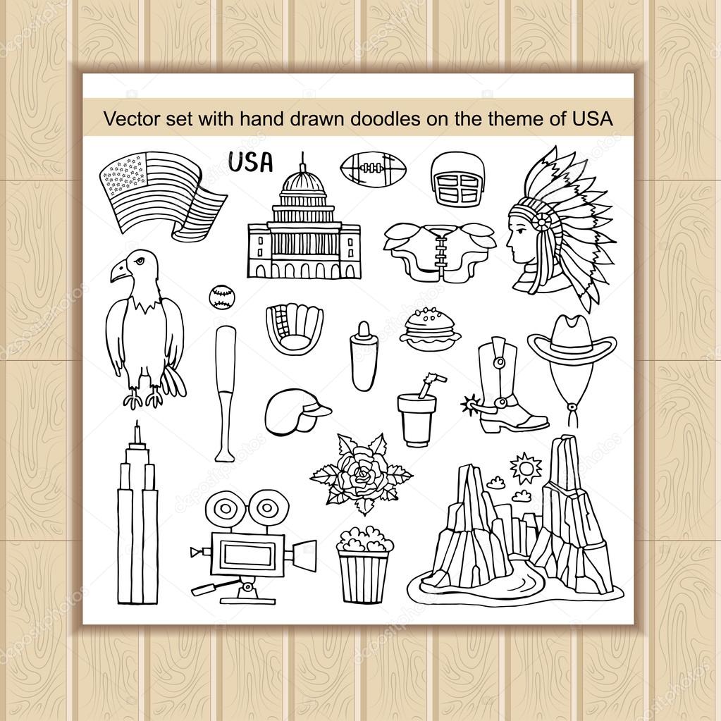 Vector set of hand drawn doodles on the theme of United States of America