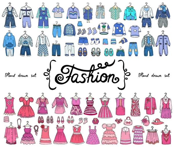 Vector set with hand drawn colored doodles on the theme of fashion for boys and girls — Stock Vector