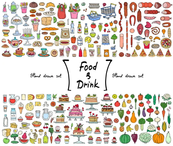 食べ物や飲み物をテーマに手描きの孤立した色の落書きとベクトルセット ロイヤリティフリーのストックイラスト