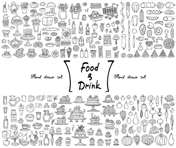 Conjunto de vetores com doodles isolados desenhados à mão sobre o tema da comida e da bebida Ilustrações De Stock Royalty-Free