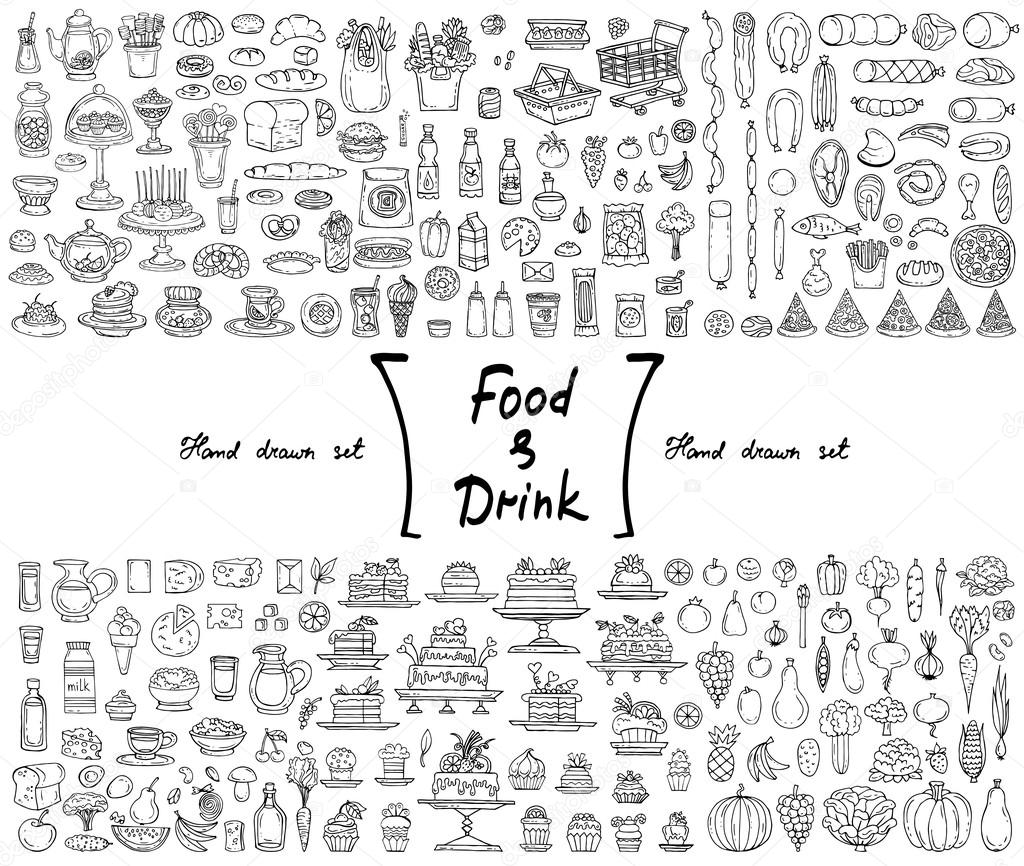 Vector set with hand drawn isolated doodles on the  theme of food and drink