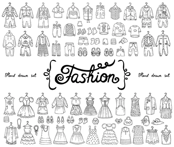 Vector set with hand drawn isolated doodles on the theme of fashion for boys and girls — Stock Vector