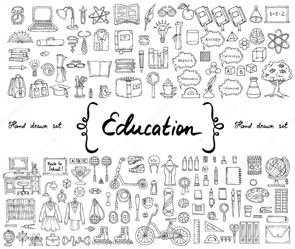 Vector set with hand drawn isolated isolated doodles on the  theme of education