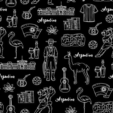 Siyah renk üzerinde Arjantin elle çizilmiş izole semboller ile Vektör dikişsiz desen