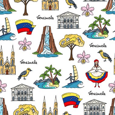 Vector seamless pattern with hand drawn colored symbols of Venezuela clipart