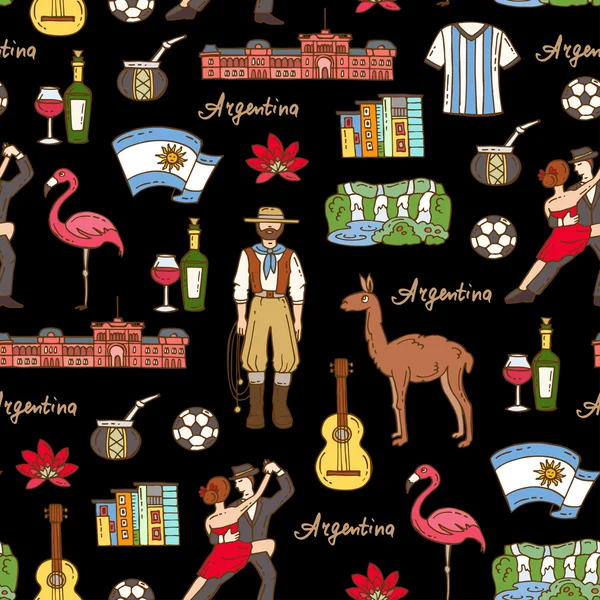 Siyah renk üzerinde Arjantin el çizilmiş renkli semboller ile Vektör dikişsiz desen