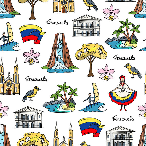 Векторный бесшовный узор с нарисованными вручную цветными символами Венесуэлы

