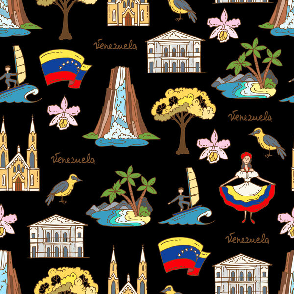 Vector seamless pattern with hand drawn colored symbols of Venezuela on black color