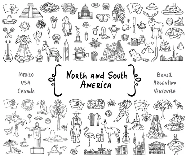 Conjunto de vectores con garabatos aislados dibujados a mano sobre el tema de América del Norte y del Sur — Archivo Imágenes Vectoriales
