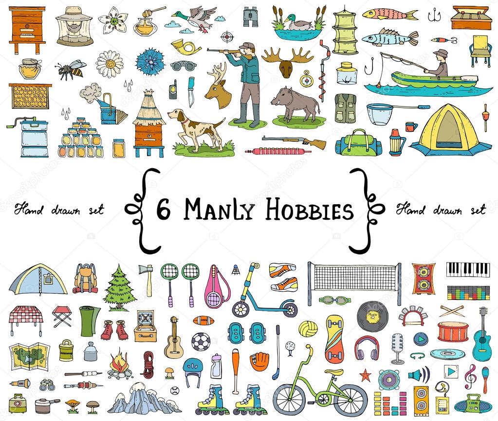 Vector set with hand drawn isolated colored doodles on the  theme of 6 manly hobbies