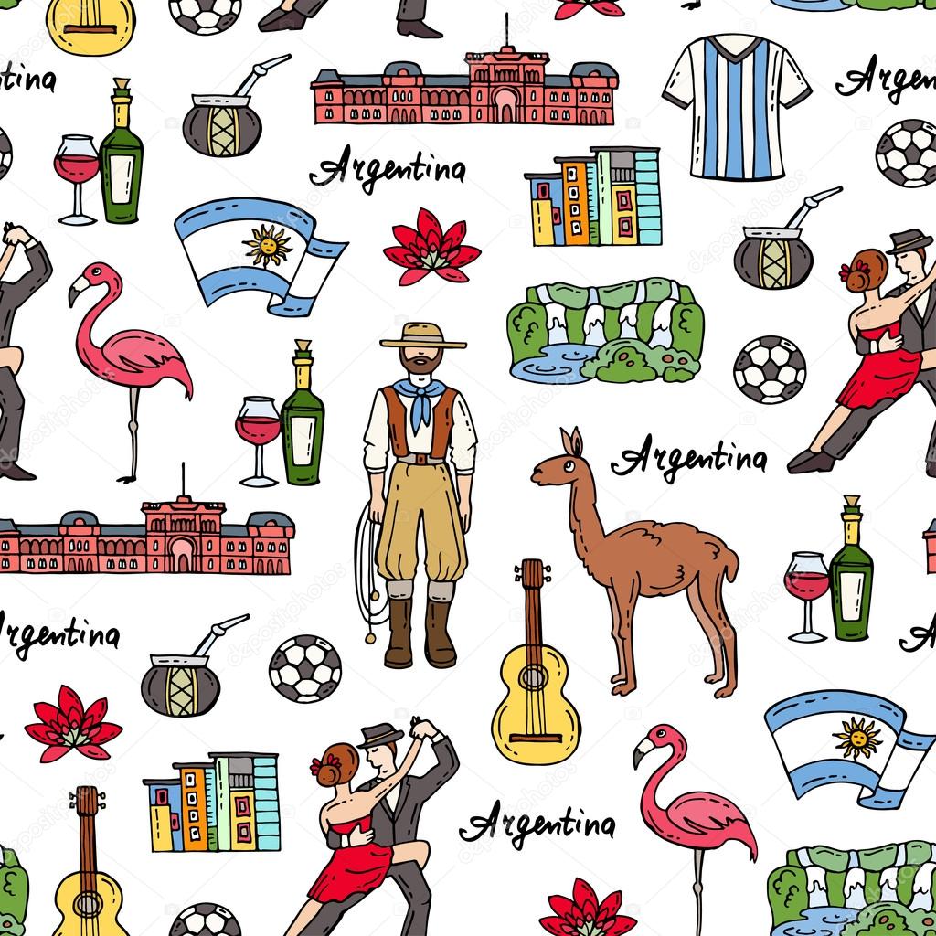 Vector seamless pattern with hand drawn colored symbols of Argentina