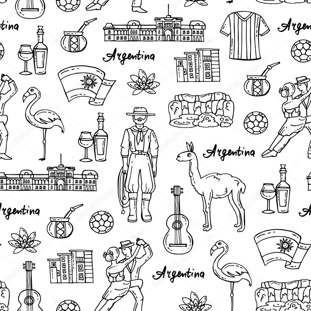 Vector seamless pattern with hand drawn isolated symbols of Argentina on white color