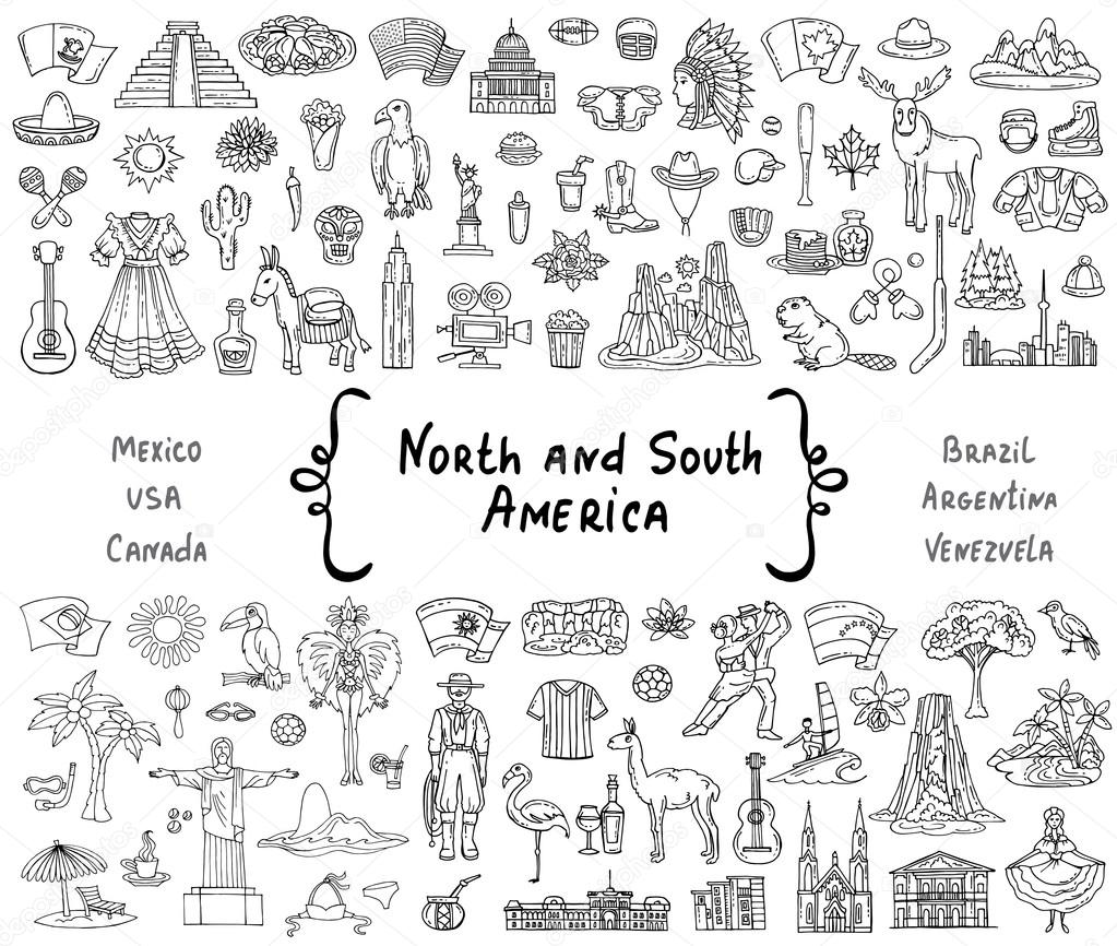 Vector set with hand drawn isolated doodles on the  theme of North and South America