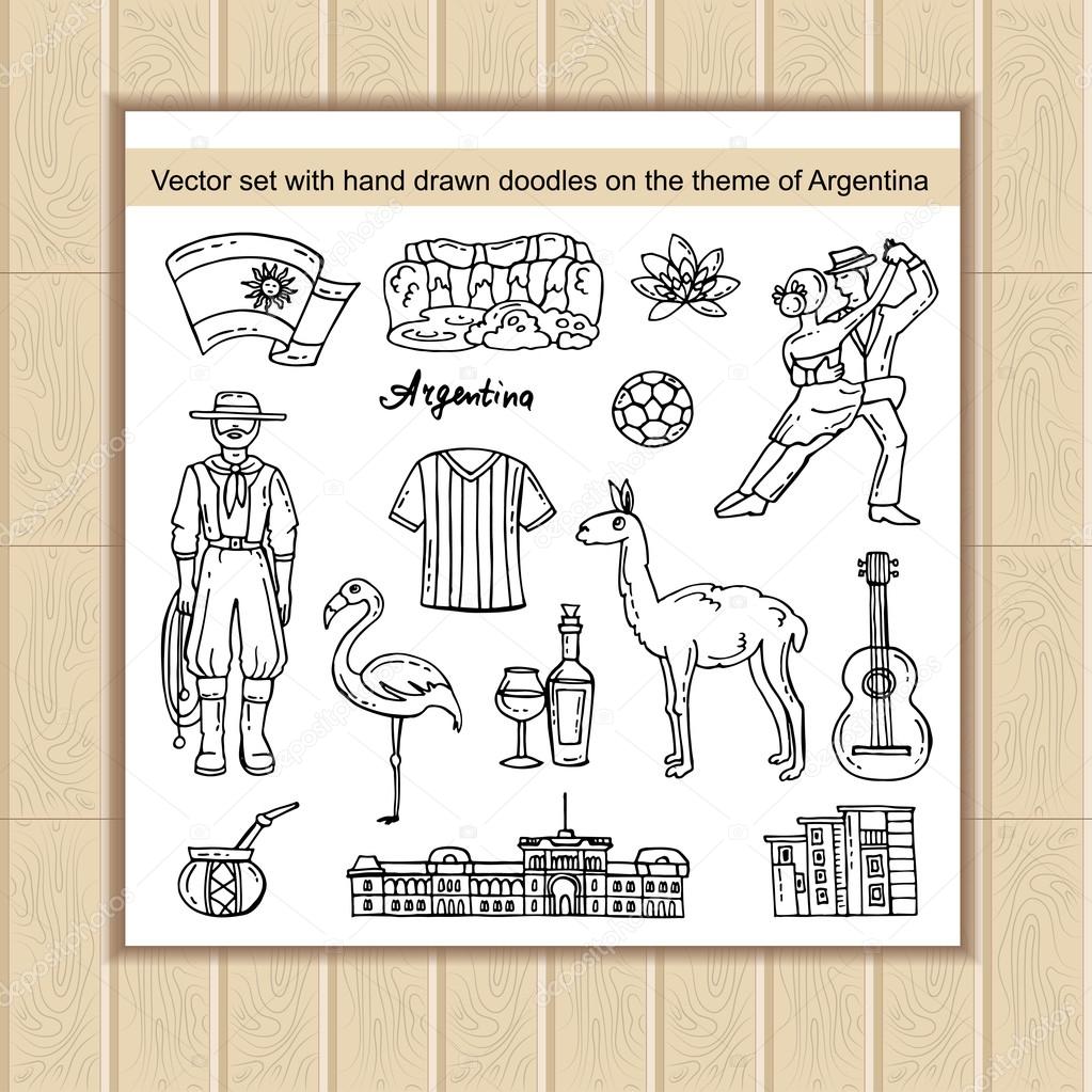 Vector set with hand drawn isolated doodles on the theme of Argentina