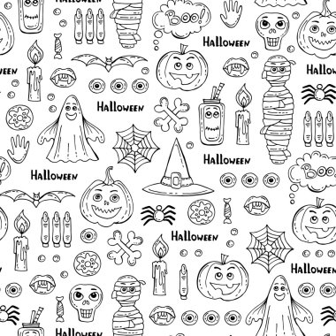 Vektör seamless modeli el ile Halloween izole semboller üzerinde beyaz renkli çizilmiş.