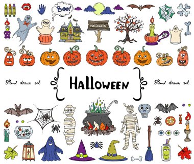 Set el ile vektör renkli karalamalar Halloween Tema üzerinde çizilmiş.