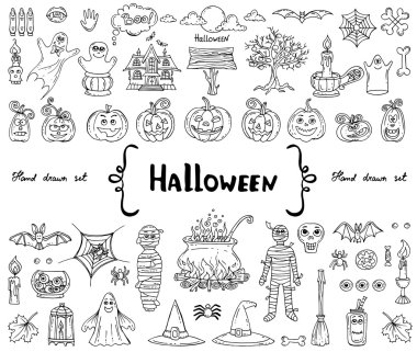 Set el ile vektör izole karalamalar Halloween Tema üzerinde beyaz renk üzerinde çizilmiş