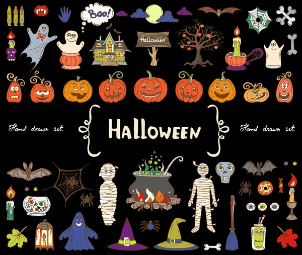 Conjunto de vectores con garabatos dibujados a mano en el tema de Halloween en color negro — Archivo Imágenes Vectoriales