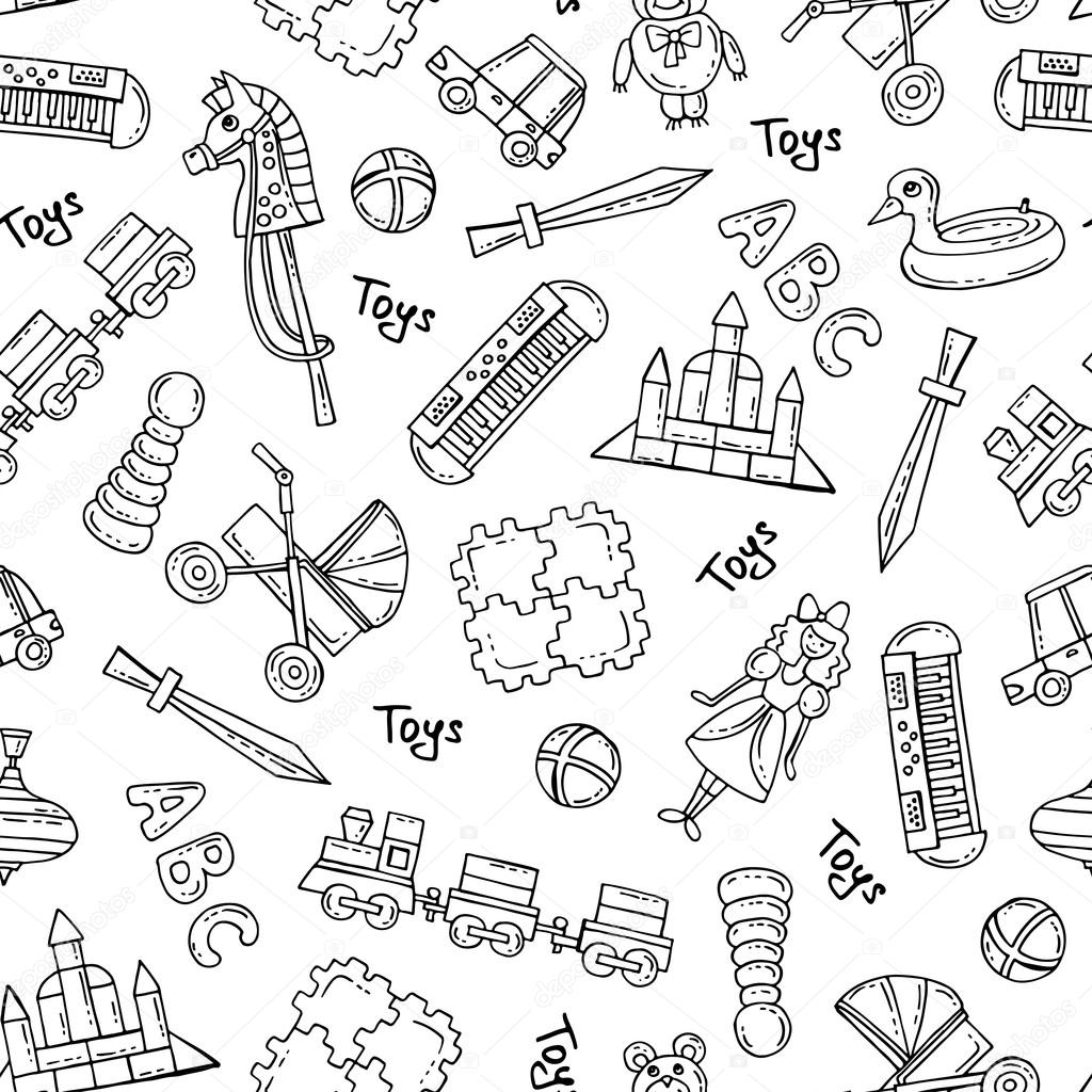 Vector seamless pattern with hand drawn colored toys for girls and boys on white color