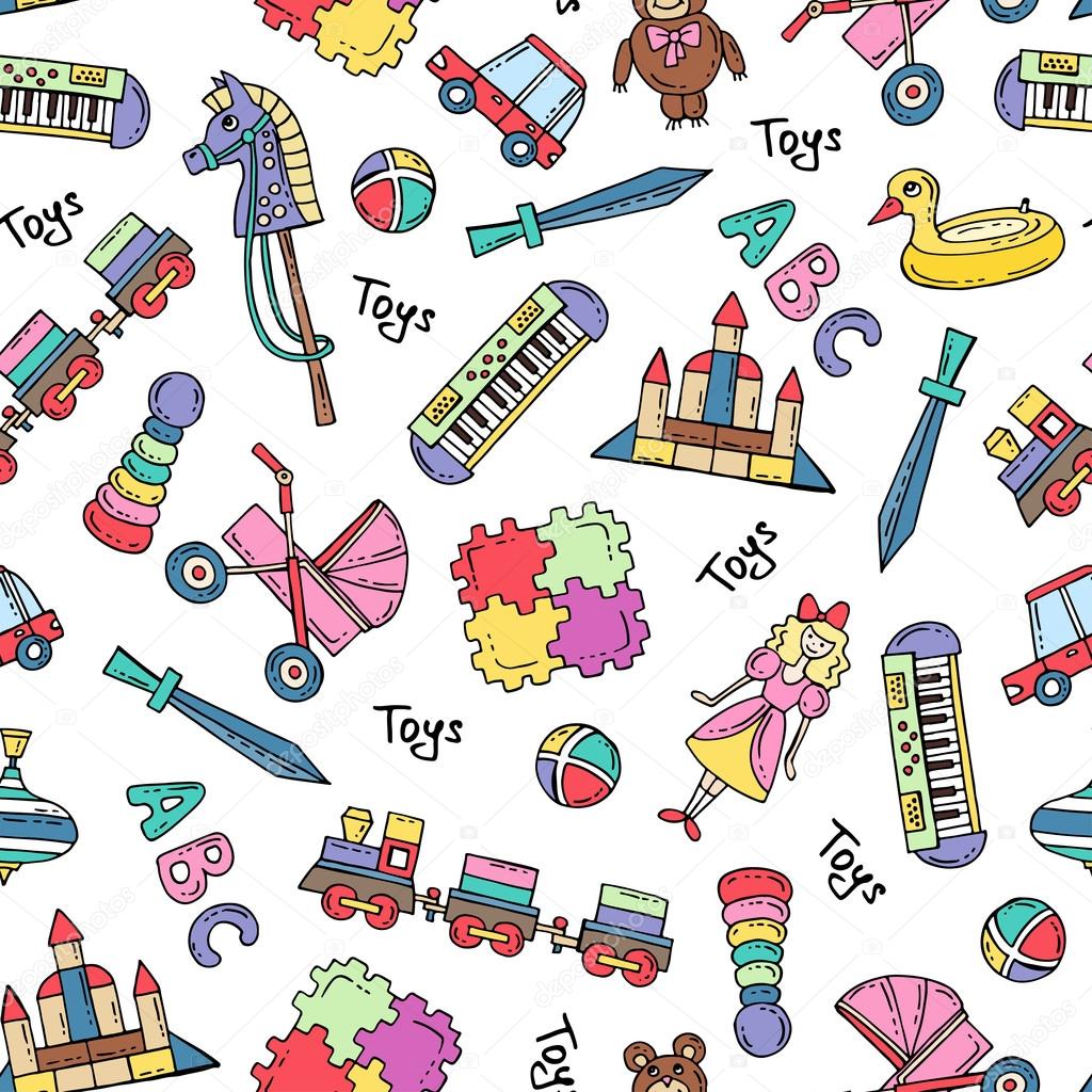Vector seamless pattern with hand drawn colored toys for girls and boys